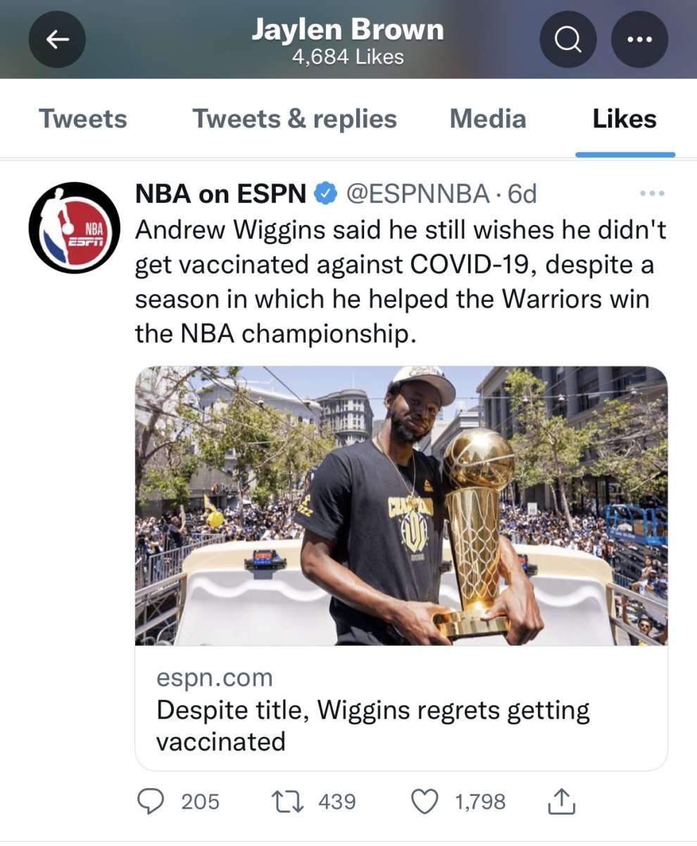 Jaylen Brown Likes Tweet About Andrew Wiggins Regretting His Decision To Get Vaccinated