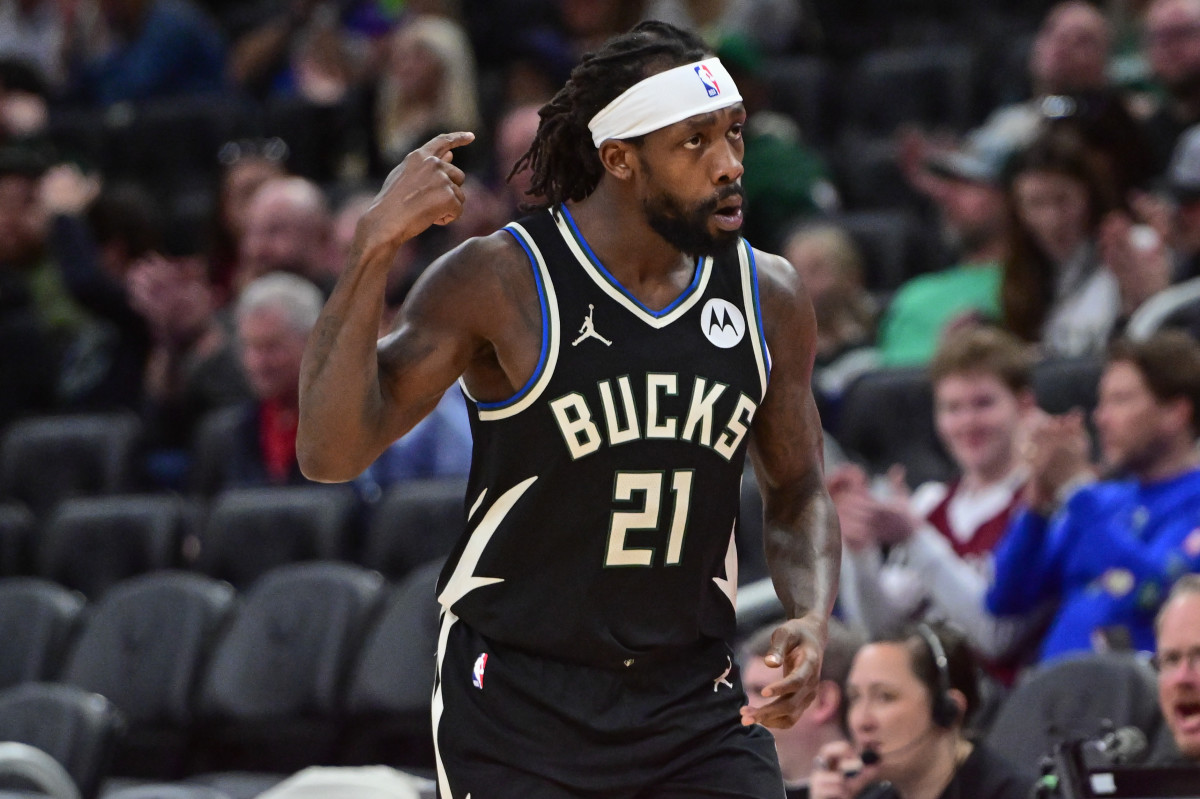 Apr 9, 2024; Milwaukee, Wisconsin, USA; Milwaukee Bucks guard Patrick Beverley (21) reacts after scoring a basket in the third quarter against the Boston Celtics at Fiserv Forum. Mandatory Credit: Benny Sieu-Imagn Images