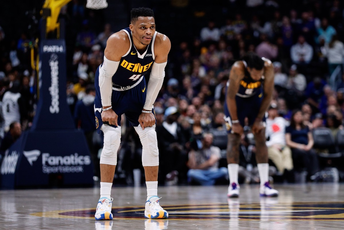 Denver Nuggets guard Russell Westbrook (4) and center DeAndre Jordan (6) in the fourth quarter against the San Antonio Spurs at Ball Arena. Mandatory Credit: Isaiah J. Downing-Imagn Images