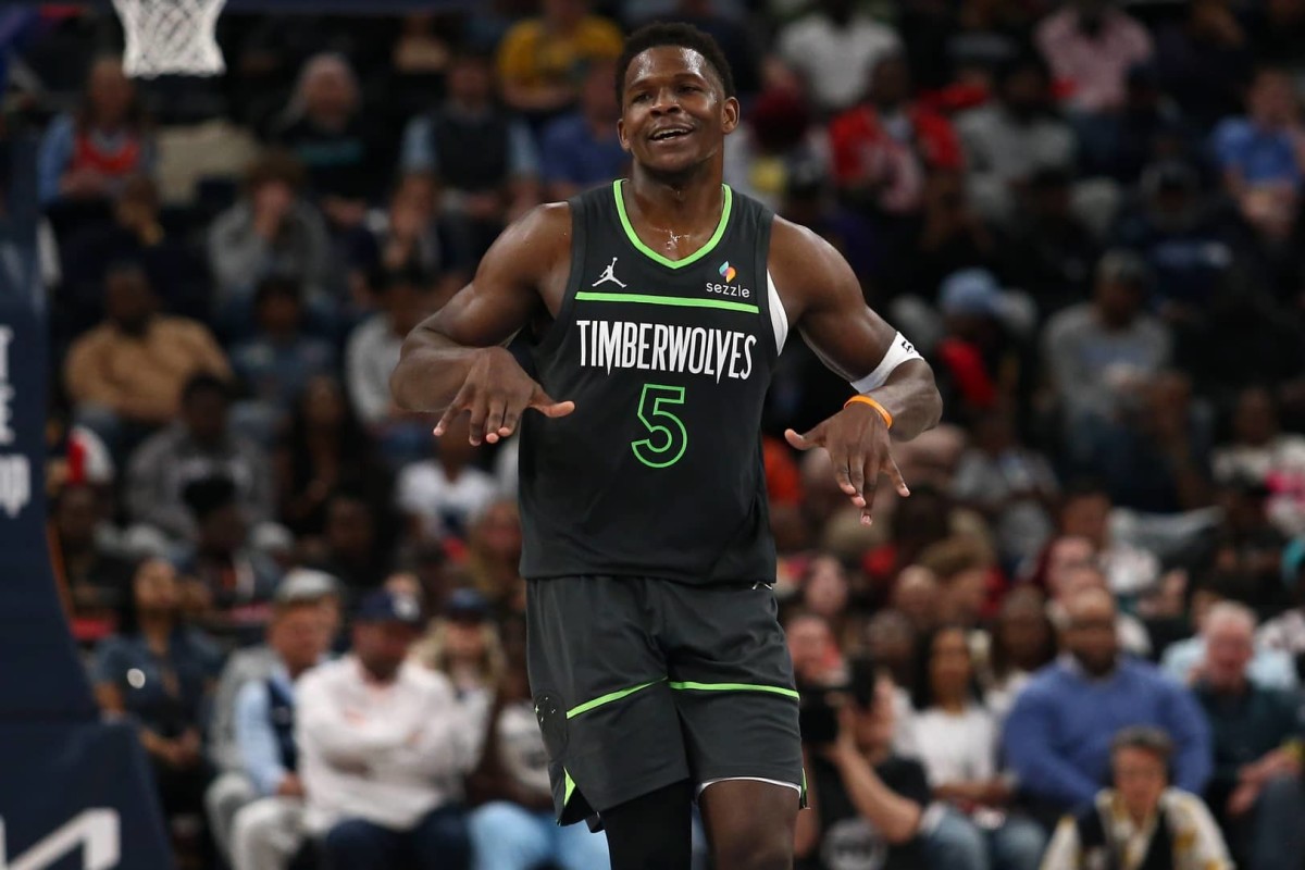Memphis, Tennessee, USA; Minnesota Timberwolves guard Anthony Edwards (5) reacts during the third quarter against the Memphis Grizzlies at FedExForum. Mandatory Credit: Petre Thomas-Imagn Images