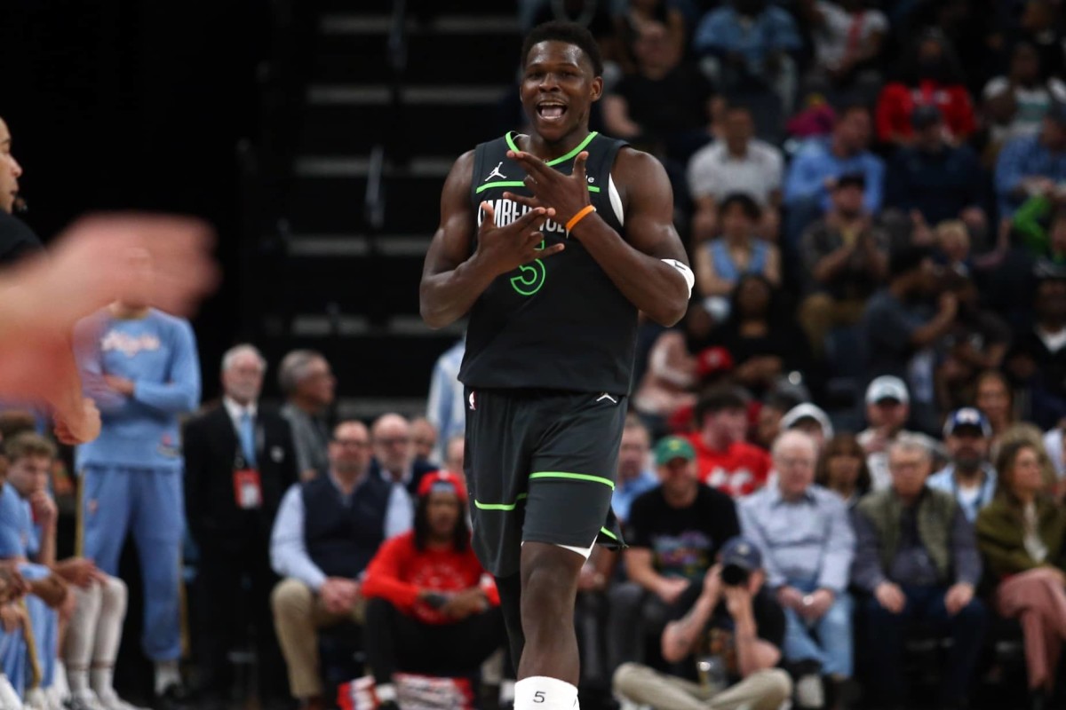 Memphis, Tennessee, USA; Minnesota Timberwolves guard Anthony Edwards (5) reacts during the third quarter against the Memphis Grizzlies at FedExForum. Mandatory Credit: Petre Thomas-Imagn Images