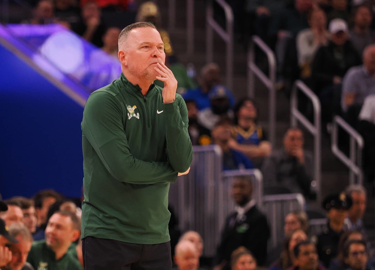 San Francisco, California, USA; Denver Nuggets head coach Michael Malone on the sideline during the third quarter against the Golden State Warriors at Chase Center. Mandatory Credit: Kelley L Cox-Imagn Images
