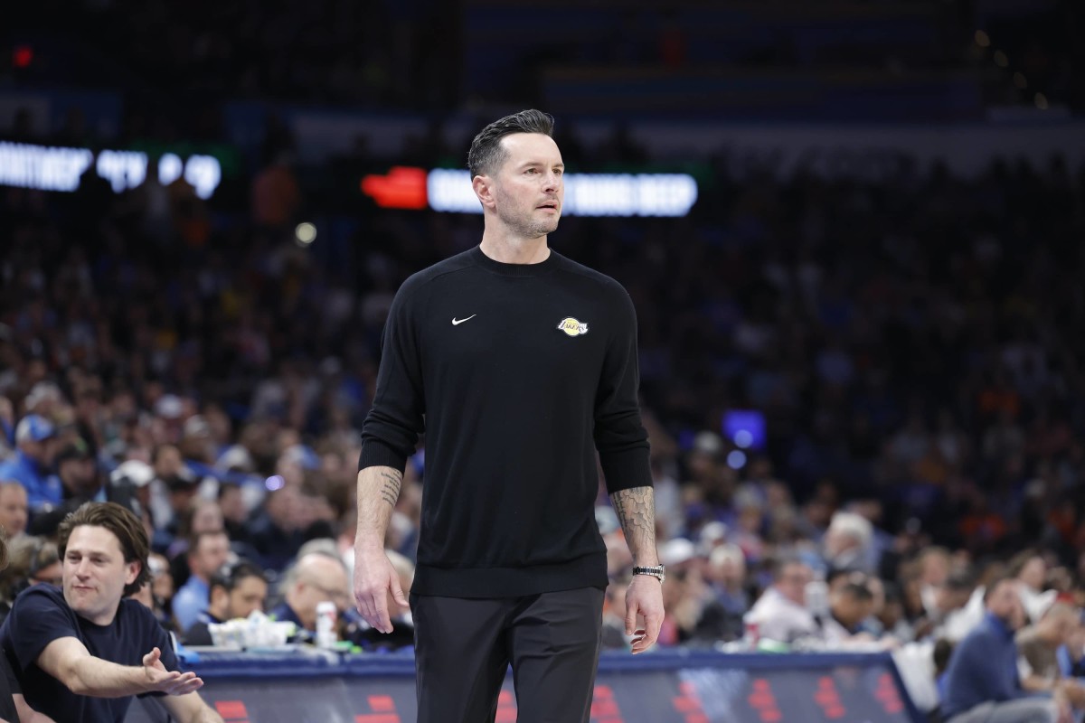 Oklahoma City, Oklahoma, USA;Los Angeles Lakers head coach JJ Redick watches his team play against the Oklahoma City Thunder during the second half at Paycom Center. Mandatory Credit: Alonzo Adams-Imagn Images