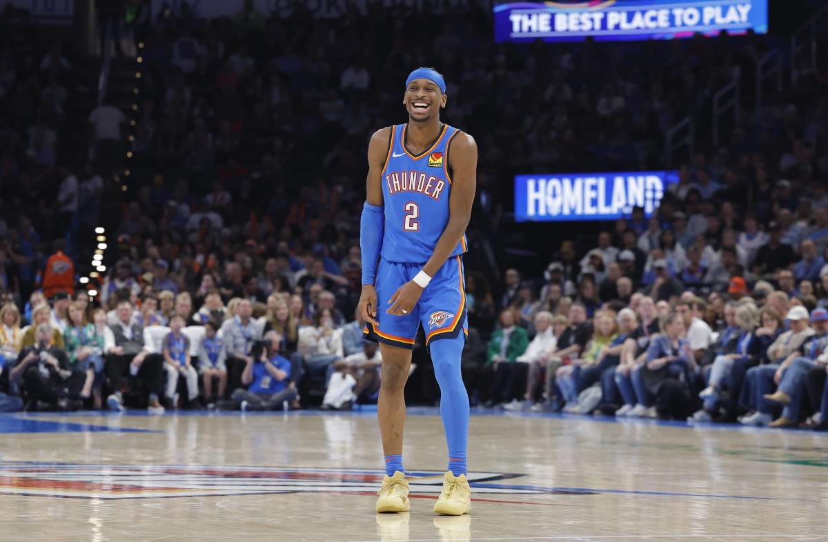 Oklahoma City, Oklahoma, USA; Oklahoma City Thunder guard Shai Gilgeous-Alexander (2) reacts after a play against the Charlotte Hornets during the second quarter at Paycom Center. Mandatory Credit: Alonzo Adams-Imagn Images