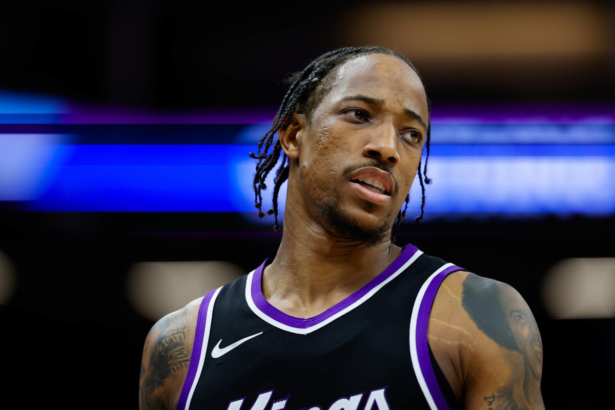 Sacramento, California, USA; Sacramento Kings forward DeMar DeRozan (10) looks on during the fourth quarter against the Dallas Mavericks at Golden 1 Center. Mandatory Credit: Sergio Estrada-Imagn Images