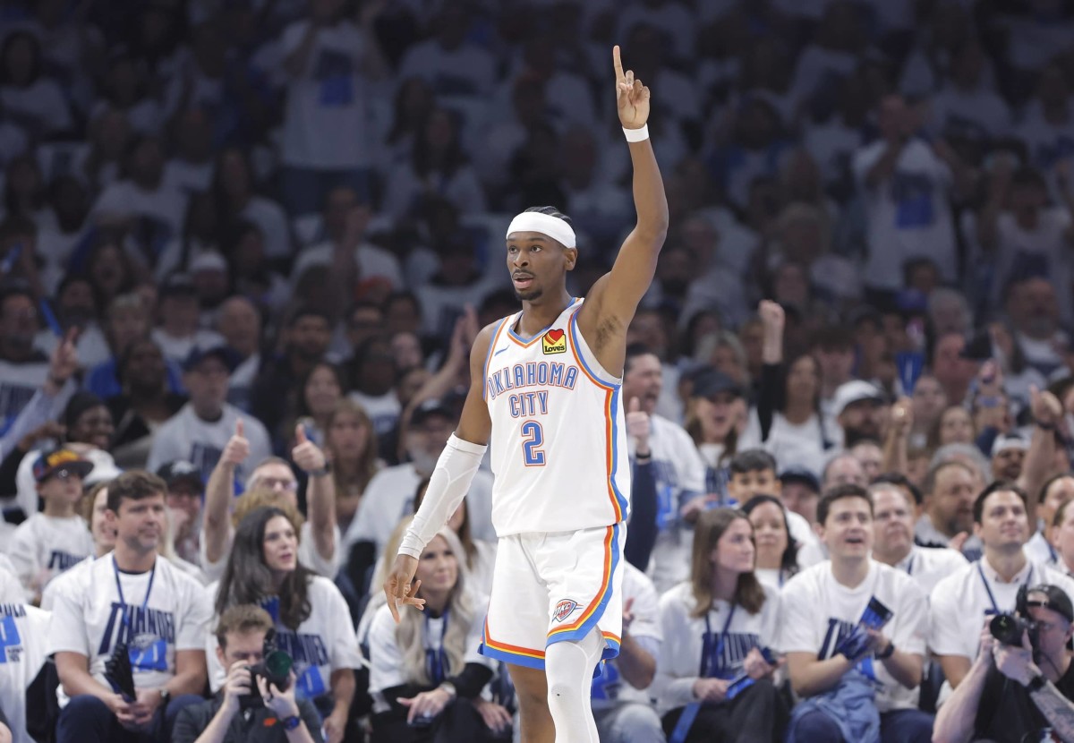 Oklahoma City Thunder guard Shai Gilgeous-Alexander (2) gestures after a play against the Memphis Grizzlies during the first quarter at Paycom Center.