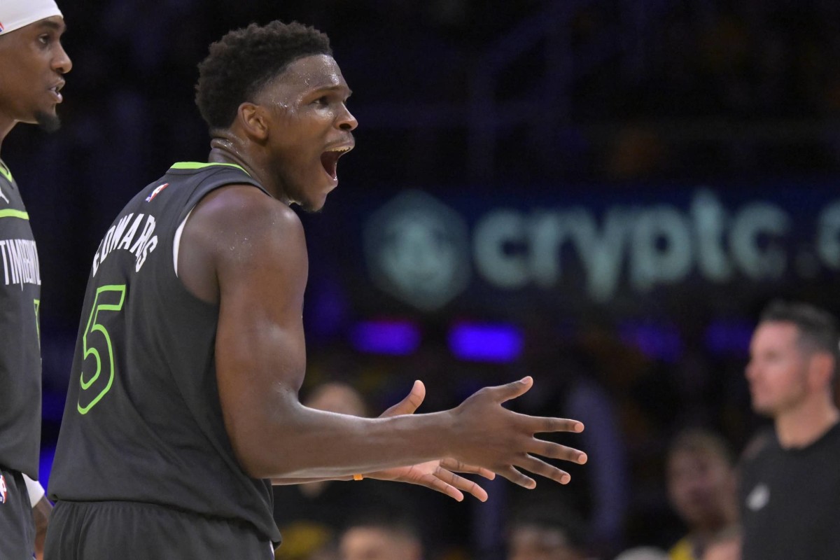 Minnesota Timberwolves guard Anthony Edwards (5) reacts toward referee Brian Forte (45) after called for a foul on Los Angeles Lakers forward LeBron James (23) in the second half at Crypto.com Arena.