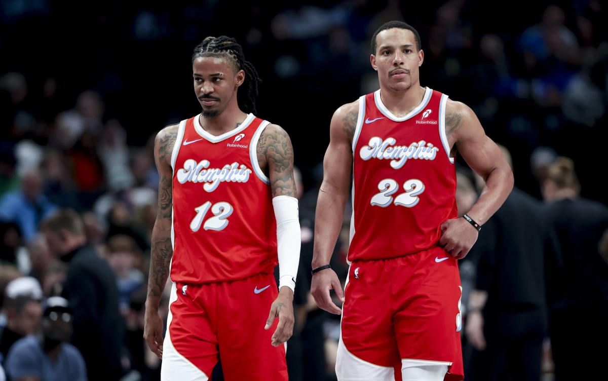 Dallas, Texas, USA; Memphis Grizzlies guard Ja Morant (12) and Memphis Grizzlies guard Desmond Bane (22) against the Dallas Mavericks during the second half at American Airlines Center. Mandatory Credit: Kevin Jairaj-Imagn Images