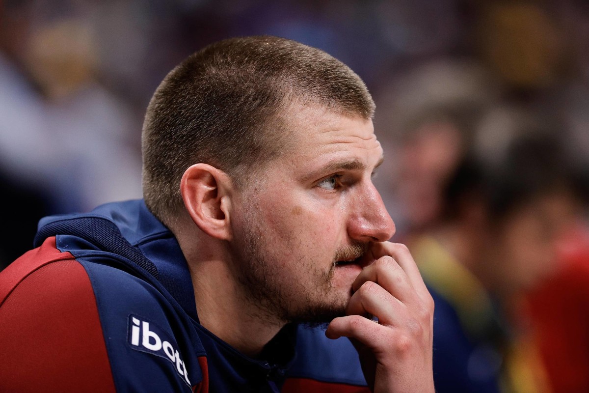 Denver Nuggets center Nikola Jokic (15) before the start of the third period against the Los Angeles Clippers during game two of first round for the 2025 NBA Playoffs at Ball Arena.