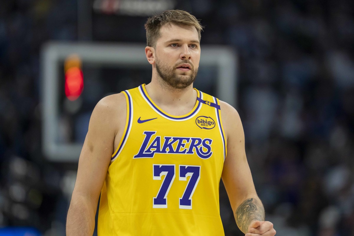 Apr 25, 2025; Minneapolis, Minnesota, USA; Los Angeles Lakers guard Luka Doncic (77) looks on against the Minnesota Timberwolves in the first half during game three of first round for the 2024 NBA Playoffs at Target Center. Mandatory Credit: Jesse Johnson-Imagn Images
