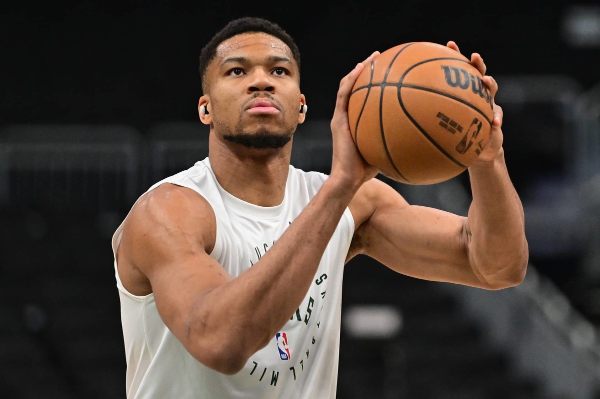 Mar 13, 2025; Milwaukee, Wisconsin, USA; Milwaukee Bucks forward Giannis Antetokounmpo (34) warms up before a game against the Los Angeles Lakers at Fiserv Forum. Mandatory Credit: Benny Sieu-Imagn Images