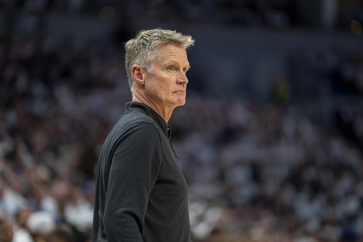 Minneapolis, Minnesota, USA; Golden State Warriors head coach Steve Kerr looks on against the Minnesota Timberwolves during game two of the second round for the 2025 NBA Playoffs at Target Center. Mandatory Credit: Jesse Johnson-Imagn Images