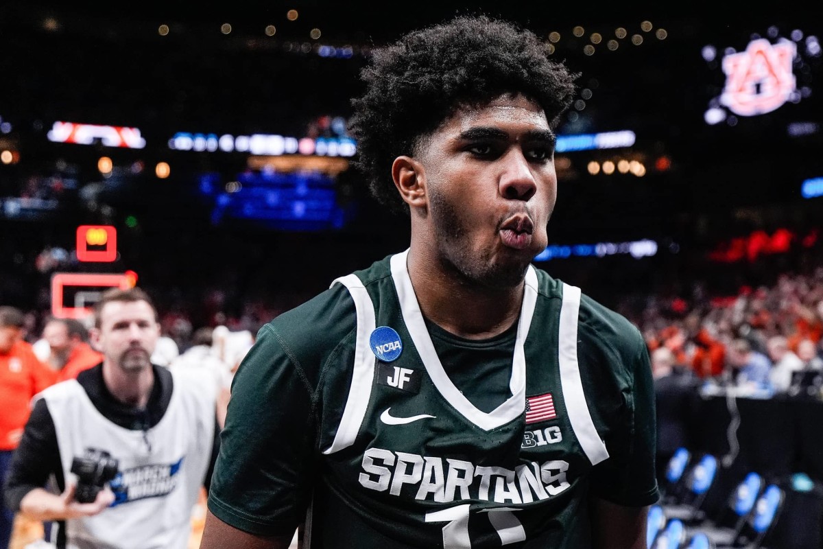 Michigan State guard Jase Richardson (11) exits the court after 70-64 loss to Auburn at the Elite Eight round of NCAA tournament at State Farm Arena in Atlanta, Ga. on Sunday, March 30, 2025.