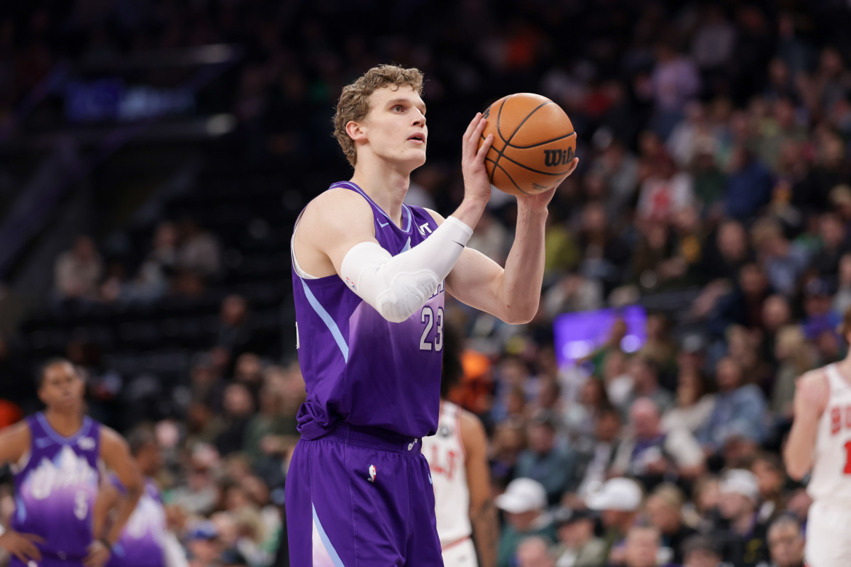 Mar 17, 2025; Salt Lake City, Utah, USA; Utah Jazz forward Lauri Markkanen (23) shoots a technical free throw during the first quarter against the Chicago Bulls at Delta Center. Mandatory Credit: Chris Nicoll-Imagn Images