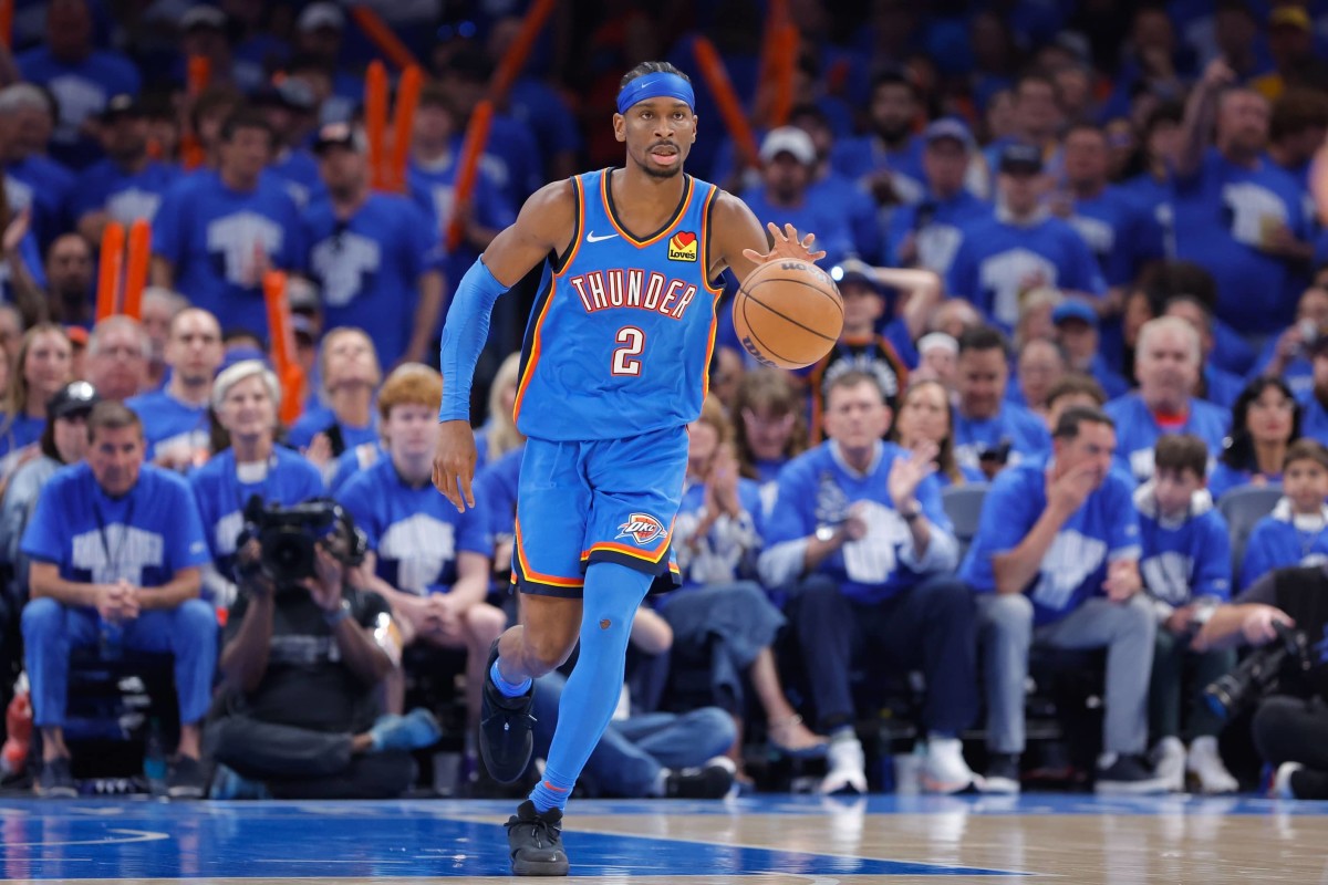 Oklahoma City, Oklahoma, USA; Oklahoma City Thunder guard Shai Gilgeous-Alexander (2) dribbles the ball down the court against the Denver Nuggets in the second half during game seven of the second round for the 2025 NBA Playoffs at Paycom Center. Mandatory Credit: Alonzo Adams-Imagn Images