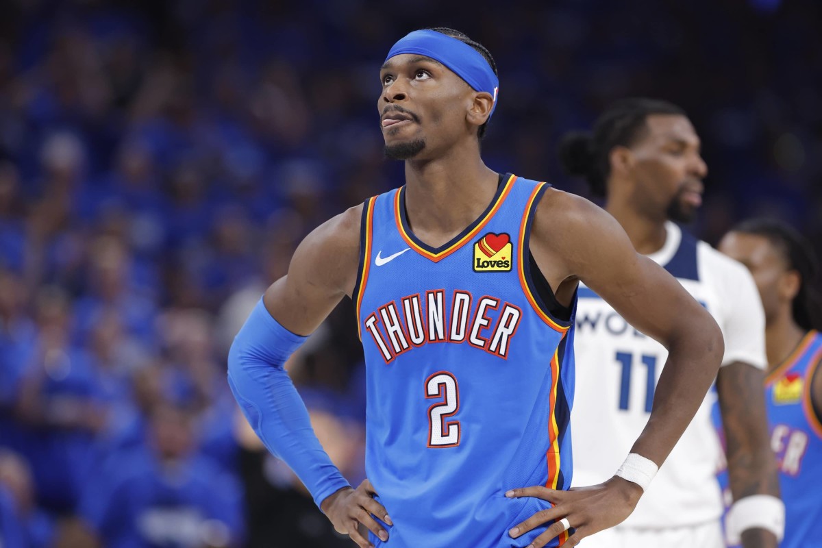 Oklahoma City, Oklahoma, USA; Oklahoma City Thunder guard Shai Gilgeous-Alexander (2) in the third quarter against the Minnesota Timberwolves during game two of the western conference finals for the 2025 NBA Playoffs at Paycom Center. Mandatory Credit: Alonzo Adams-Imagn Images