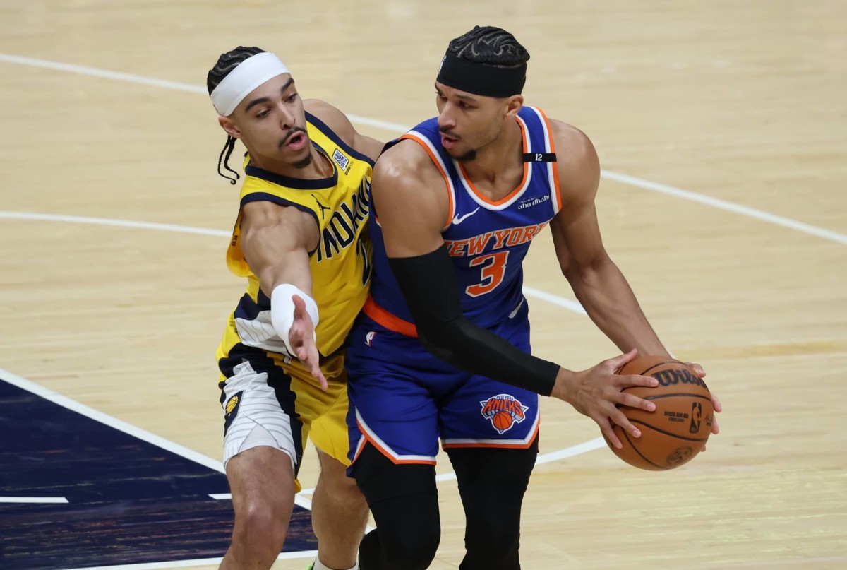 May 25, 2025; Indianapolis, Indiana, USA; New York Knicks guard Josh Hart (3) drives to the hoop past Indiana Pacers guard Andrew Nembhard (2) during the first quarter of game three of the Eastern Conference Finals for the 2025 NBA Playoffs at Gainbridge Fieldhouse.