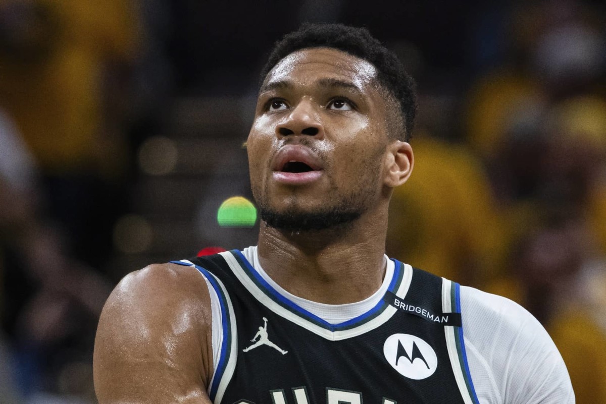 Apr 19, 2025; Indianapolis, Indiana, USA; Milwaukee Bucks forward Giannis Antetokounmpo (34) in the first half against the Indiana Pacers at Gainbridge Fieldhouse. Mandatory Credit: Trevor Ruszkowski-Imagn Images