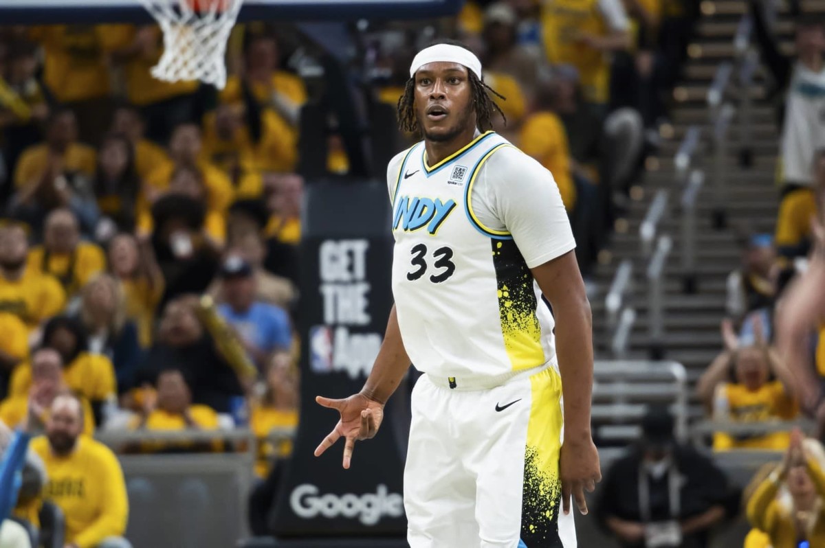 Indianapolis, Indiana, USA; Indiana Pacers center Myles Turner (33) celebrates a made basket in the second half against the Milwaukee Bucks at Gainbridge Fieldhouse. Mandatory Credit: Trevor Ruszkowski-Imagn Images