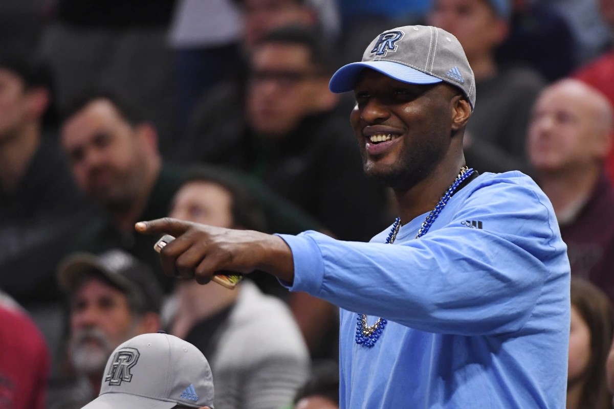 Mar 17, 2017; Sacramento, CA, USA; Former NBA player and Rhode Island Rams aluminum Lamar Odom looks on in the first round of the 2017 NCAA Tournament between the Rams' and the Creighton Bluejays at Golden 1 Center. Mandatory Credit: Kyle Terada-Imagn Images