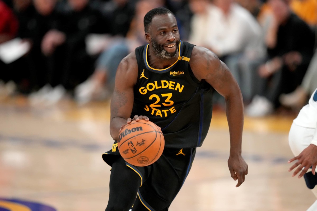 San Francisco, California, USA; Golden State Warriors forward Draymond Green (23) dribbles the ball against the Minnesota Timberwolves in the fourth quarter during game four of the second round for the 2025 NBA Playoffs at Chase Center. Mandatory Credit: Cary Edmondson-Imagn Images