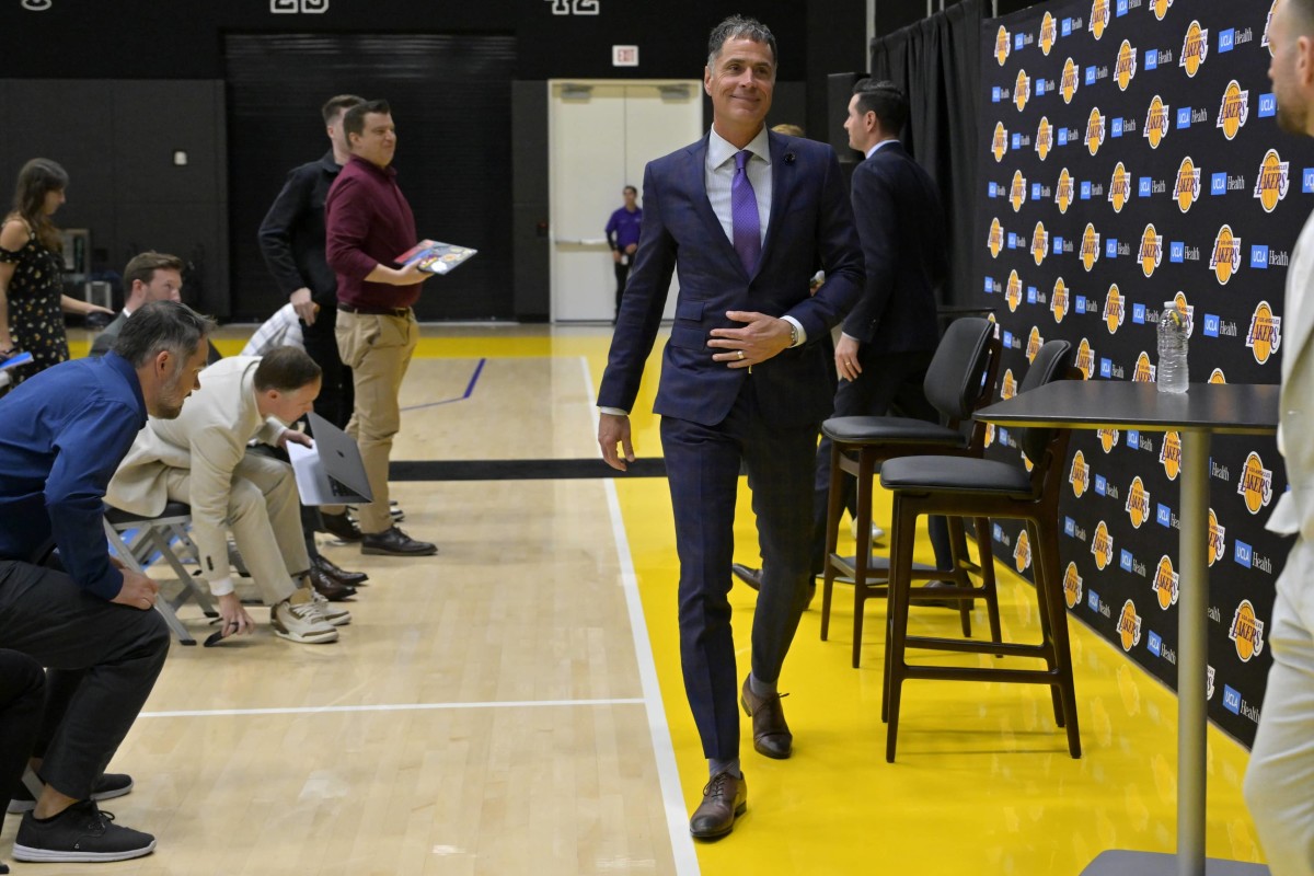 El Segundo, CA, USA; Los Angeles Lakers general manager Rob Pelinka walks off following the introductory news conference for head coach JJ Redick at the UCLA Health Training Center. Mandatory Credit: Jayne Kamin-Oncea-Imagn Images