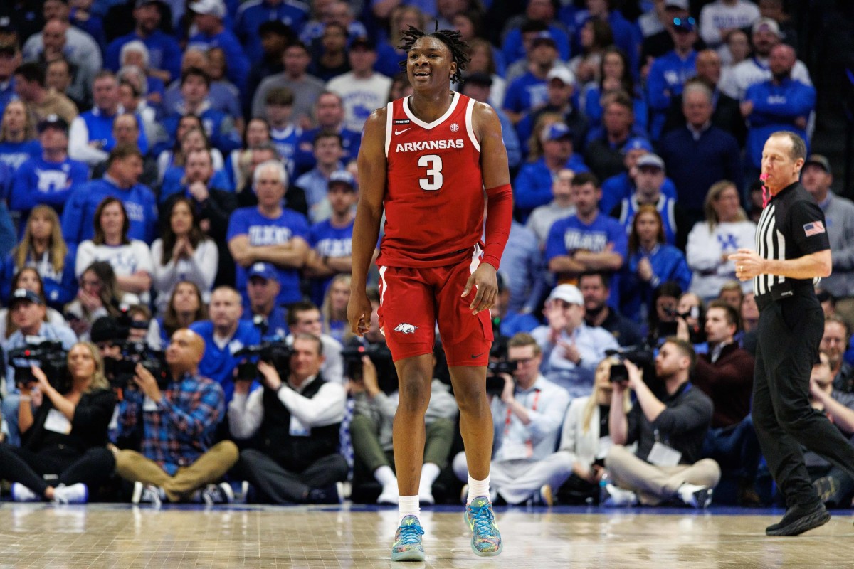 Lexington, Kentucky, USA; Arkansas Razorbacks forward Adou Thiero (3) reacts after making a basket during the first half against the Kentucky Wildcats at Rupp Arena at Central Bank Center. Mandatory Credit: Jordan Prather-Imagn Images