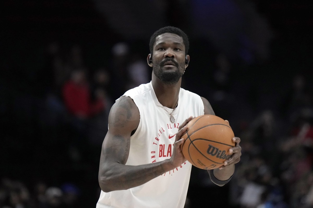 Dec 30, 2024; Portland, Oregon, USA; Portland Trail Blazers center Deandre Ayton (2) warms up before the game against the Philadelphia 76ers at Moda Center.