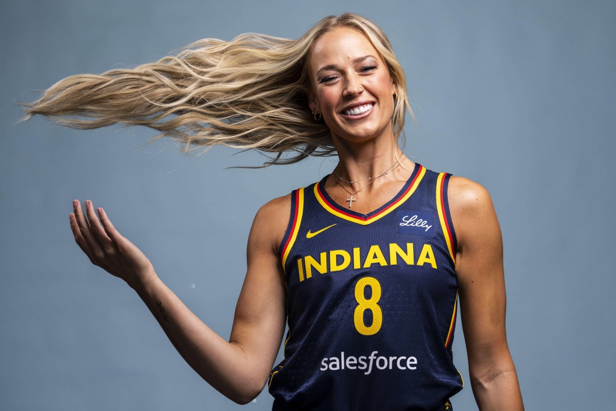 Apr 30, 2025; Indianapolis, IN, USA; Indiana Fever guard Sophie Cunningham poses for a photo Wednesday, April 30, 2025, during the Indiana Fever media day at Gainbridge Fieldhouse in Indianapolis. Mandatory Credit: Grace Smith-USA TODAY Network via Imagn Images