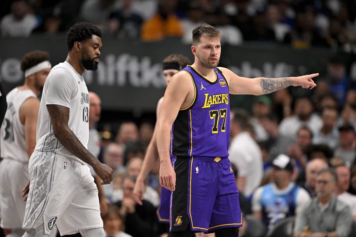 Apr 9, 2025; Dallas, Texas, USA; Los Angeles Lakers guard Luka Doncic (77) during the game between the Dallas Mavericks and the Los Angeles Lakers at American Airlines Center. Mandatory Credit: Jerome Miron-Imagn Images
