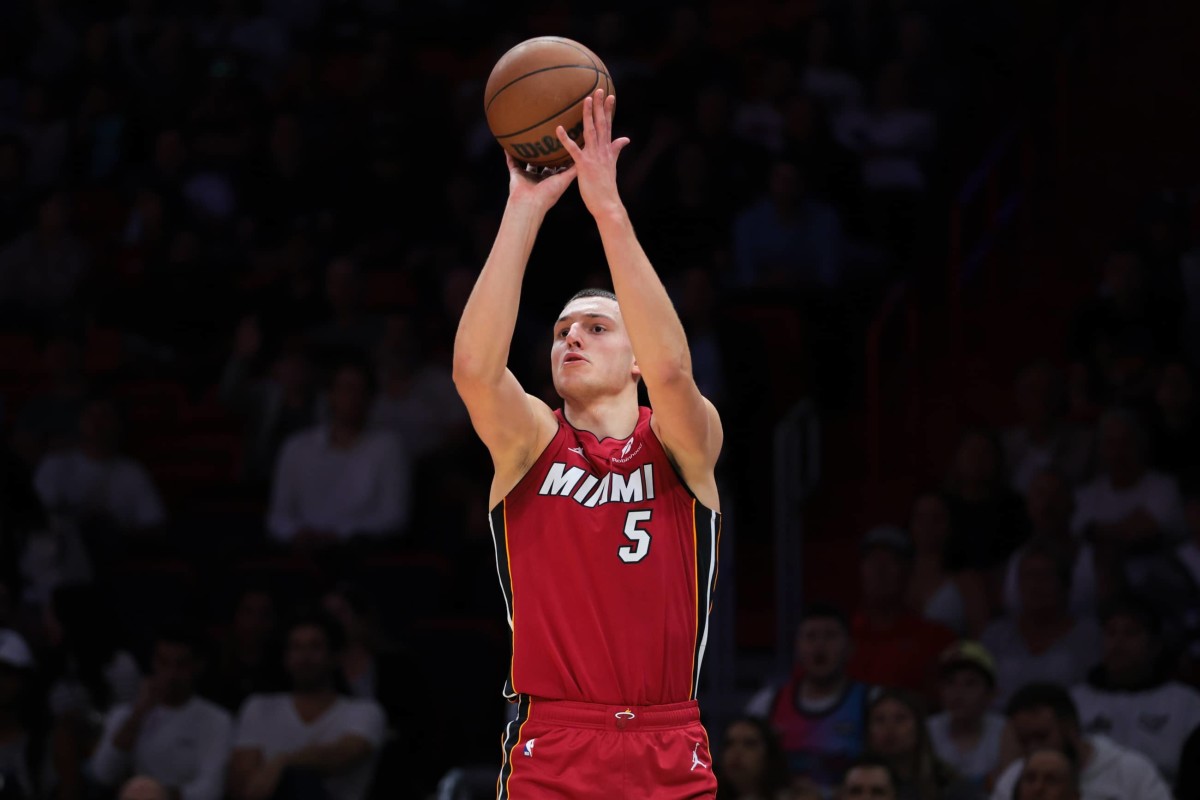 Jan 21, 2025; Miami, Florida, USA; Miami Heat forward Nikola Jovic (5) shoots the basketball against the Portland Trail Blazers during the second quarter at Kaseya Center. Mandatory Credit: Sam Navarro-Imagn Images
