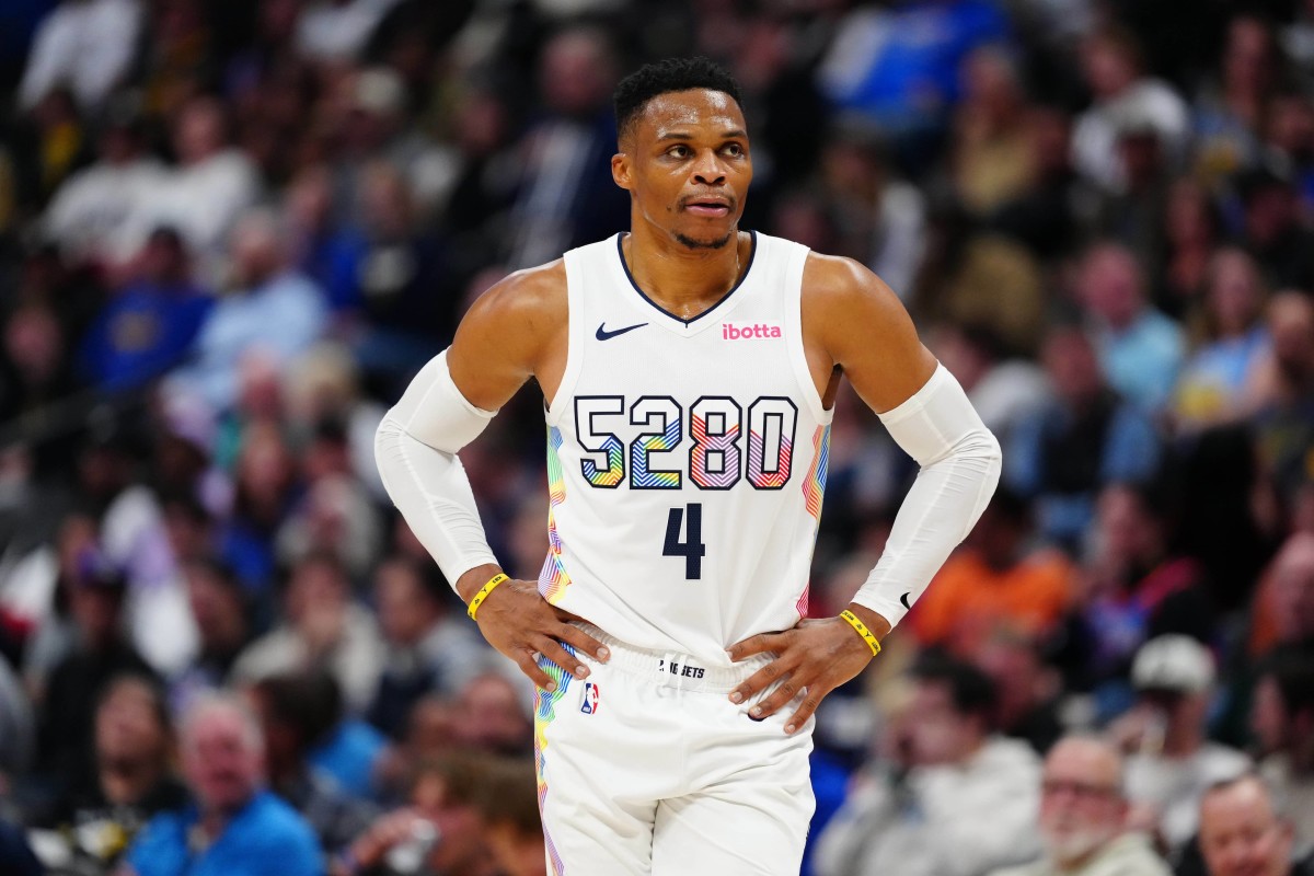 Nov 25, 2024; Denver, Colorado, USA; Denver Nuggets guard Russell Westbrook (4) during the second half against the New York Knicks at Ball Arena. Mandatory Credit: Ron Chenoy-Imagn Images