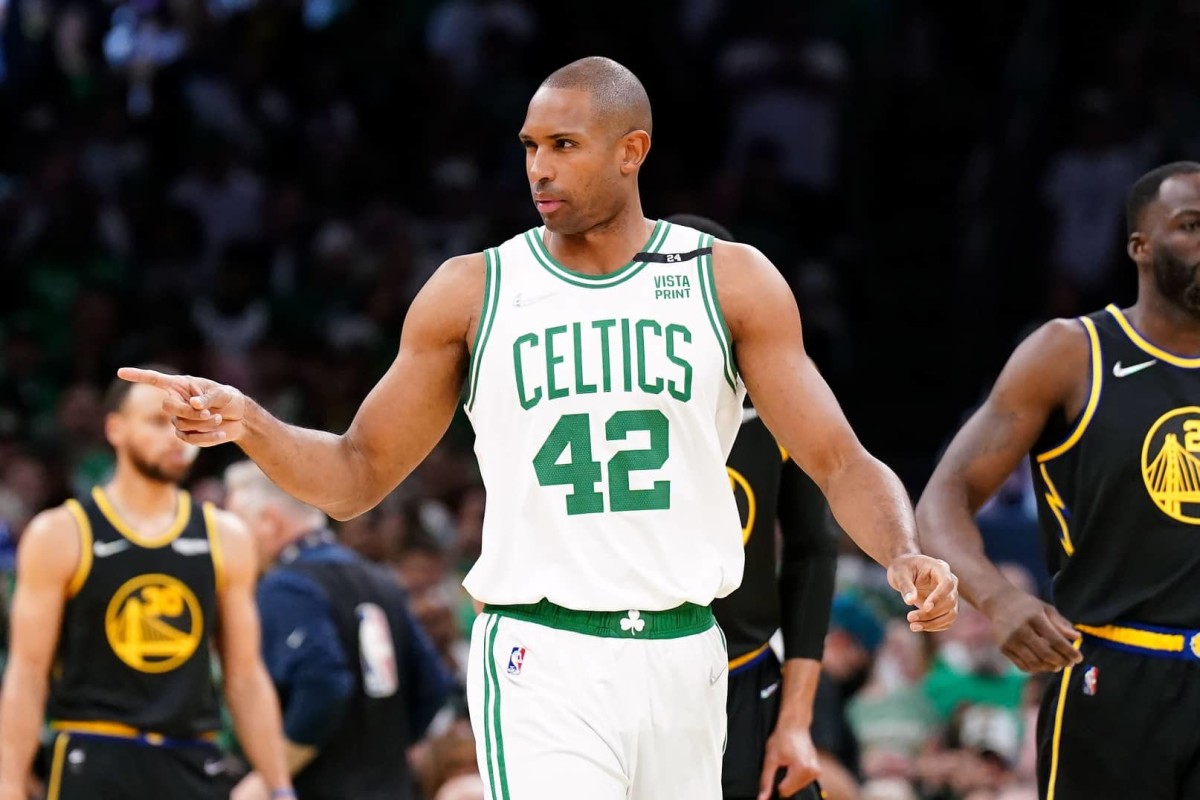 Jun 10, 2022; Boston, Massachusetts, USA; Boston Celtics center Al Horford (42) points to the crowd before a game against the Golden State Warriors in game four in the 2022 NBA Finals at the TD Garden.