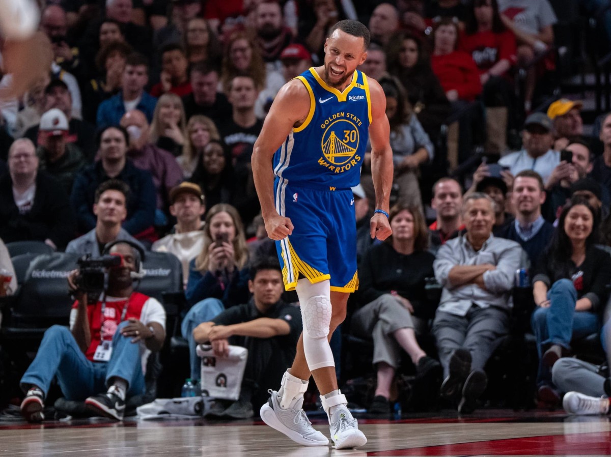 Oct 23, 2024; Portland, Oregon, USA; Golden State Warriors point guard Stephen Curry (30) reacts during the second half against the Portland Trailblazers at Moda Center. Mandatory Credit: Stephen Brashear-Imagn Images