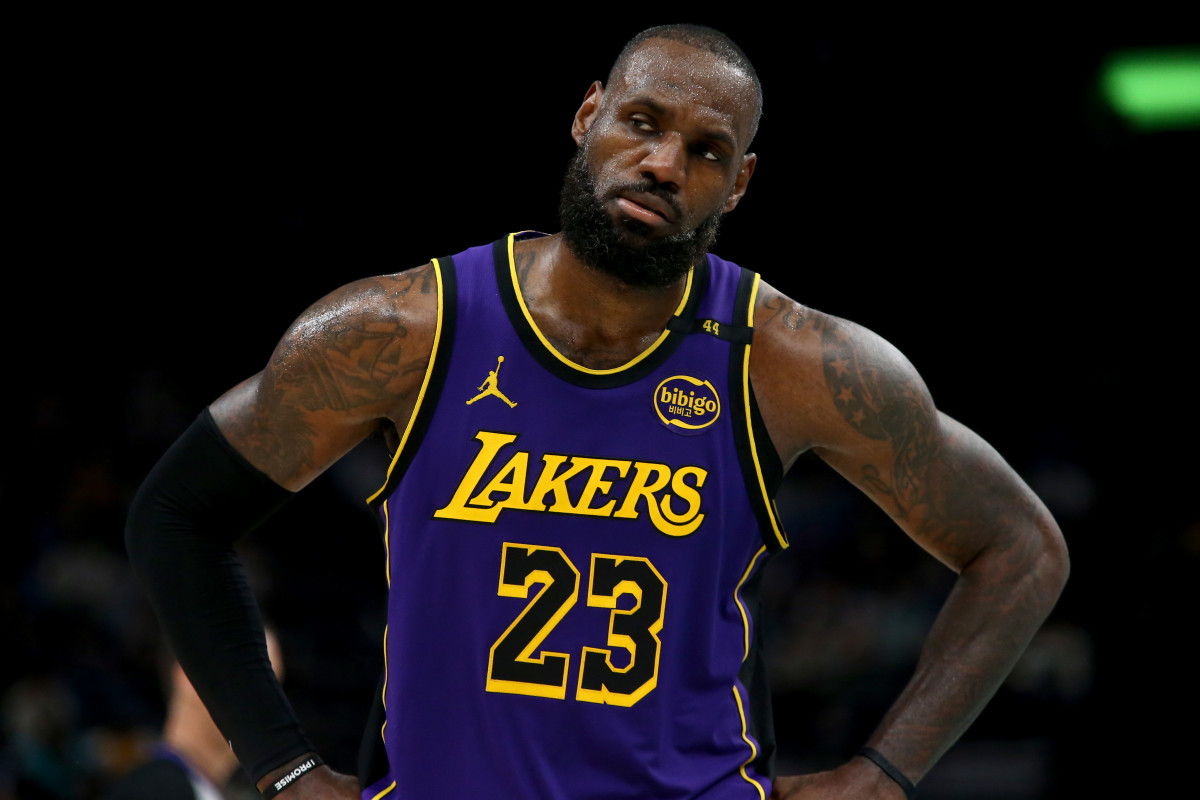 Nov 6, 2024; Memphis, Tennessee, USA; Los Angeles Lakers forward LeBron James (23) reacts during the second half against the Memphis Grizzlies at FedExForum.