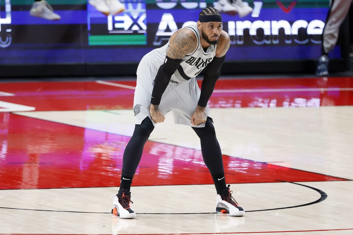 May 7, 2021; Portland, Oregon, USA; Portland Trail Blazers power forward Carmelo Anthony (00) looks on during the second half against the Los Angeles Lakers at Moda Center.