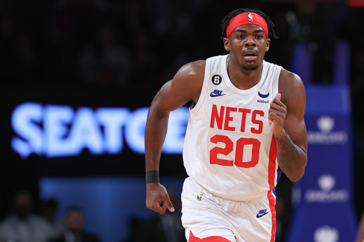 Jan 2, 2023; Brooklyn, New York, USA; Brooklyn Nets center Day'Ron Sharpe (20) runs up court during the first half against the San Antonio Spurs at Barclays Center. Mandatory Credit: Vincent Carchietta-Imagn Images