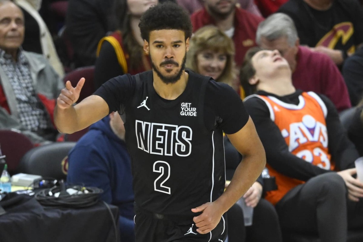 Nov 9, 2024; Cleveland, Ohio, USA; Brooklyn Nets forward Cameron Johnson (2) celebrates a basket in the fourth quarter against the Cleveland Cavaliers at Rocket Mortgage FieldHouse. Mandatory Credit: David Richard-Imagn Images  