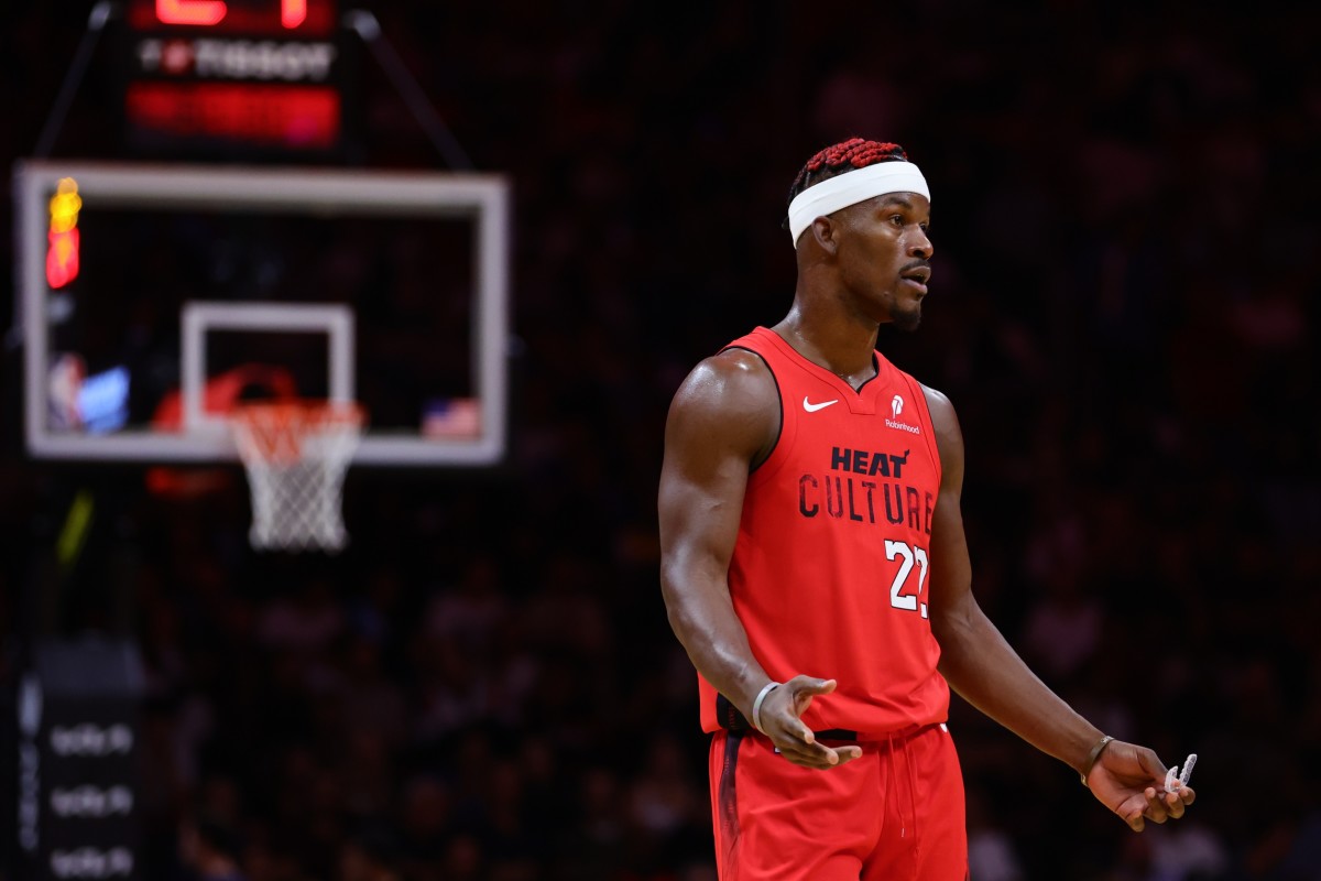 Nov 18, 2024; Miami, Florida, USA; Miami Heat forward Jimmy Butler (22) reacts against the Philadelphia 76ers during the third quarter at Kaseya Center. Mandatory Credit: Sam Navarro-Imagn Images