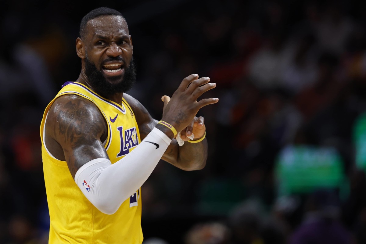 Apr 3, 2024; Washington, District of Columbia, USA; Los Angeles Lakers forward LeBron James (23) argues with an official against the Washington Wizards at Capital One Arena. Mandatory Credit: Geoff Burke-Imagn Images