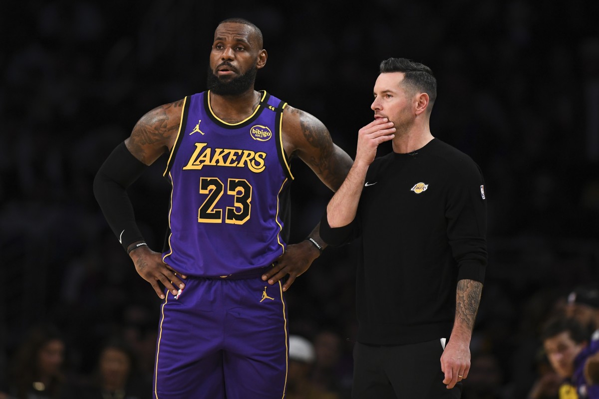 Oct 25, 2024; Los Angeles, California, USA; Los Angeles Lakers forward LeBron James (23) with Los Angeles Lakers head coach JJ Redick against the Phoenix Suns during the first half at Crypto.com Arena. Mandatory Credit: Jonathan Hui-Imagn Images  