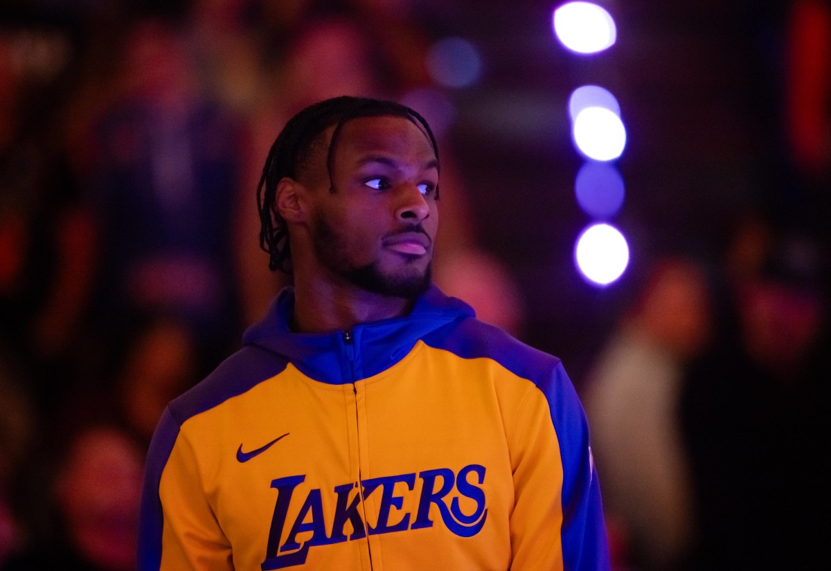 Oct 28, 2024; Phoenix, Arizona, USA; Los Angeles Lakers guard Bronny James against the Phoenix Suns at Footprint Center. Mandatory Credit: Mark J. Rebilas-Imagn Images