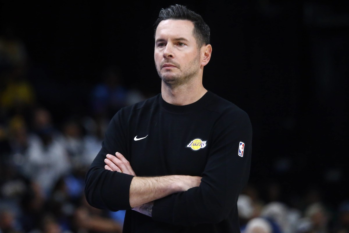 Nov 6, 2024; Memphis, Tennessee, USA; Los Angeles Lakers head coach JJ Redick reacts during the second half against the Memphis Grizzlies at FedExForum. Mandatory Credit: Petre Thomas-Imagn Images