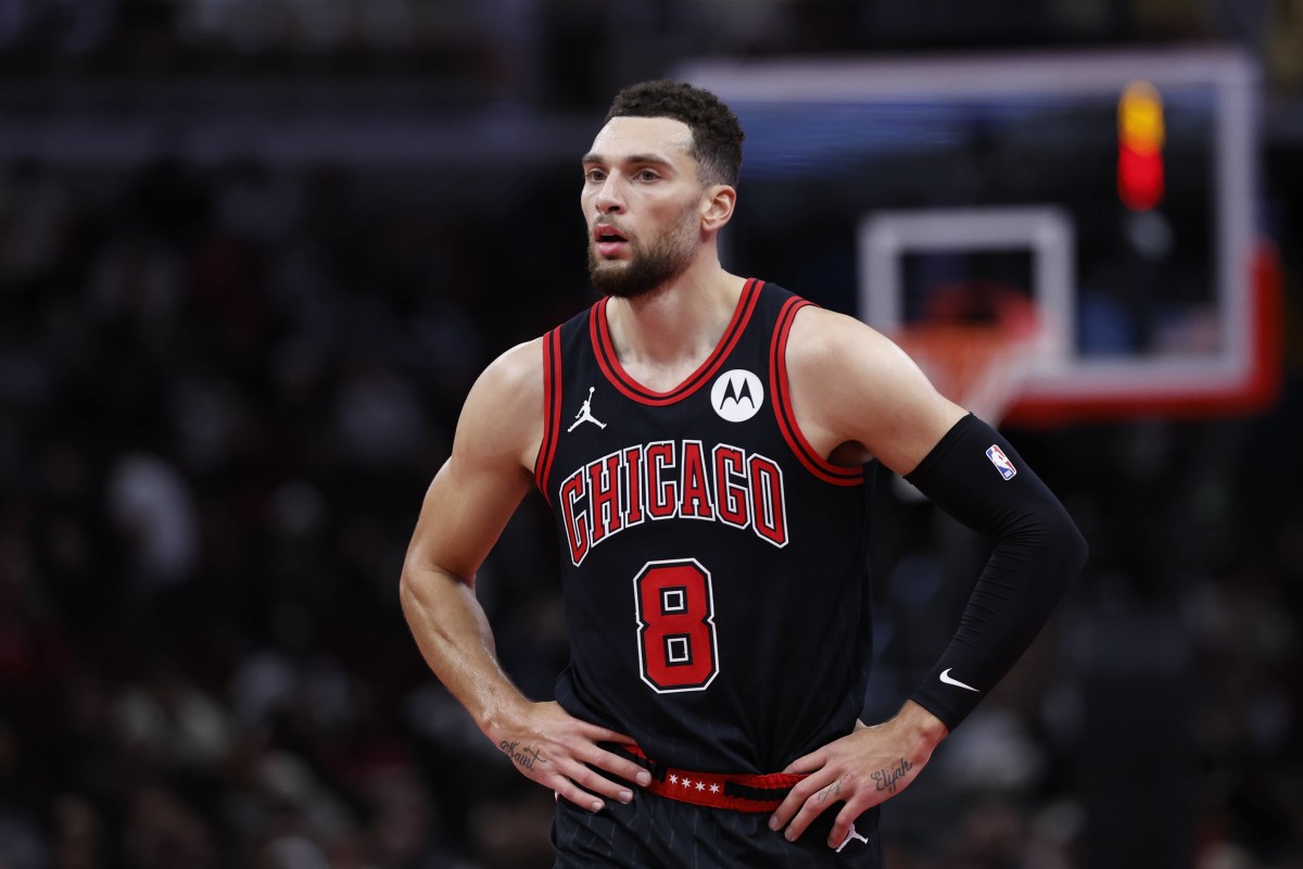 Chicago Bulls guard Zach LaVine looks on during the first half against the Atlanta Hawks at United Center.