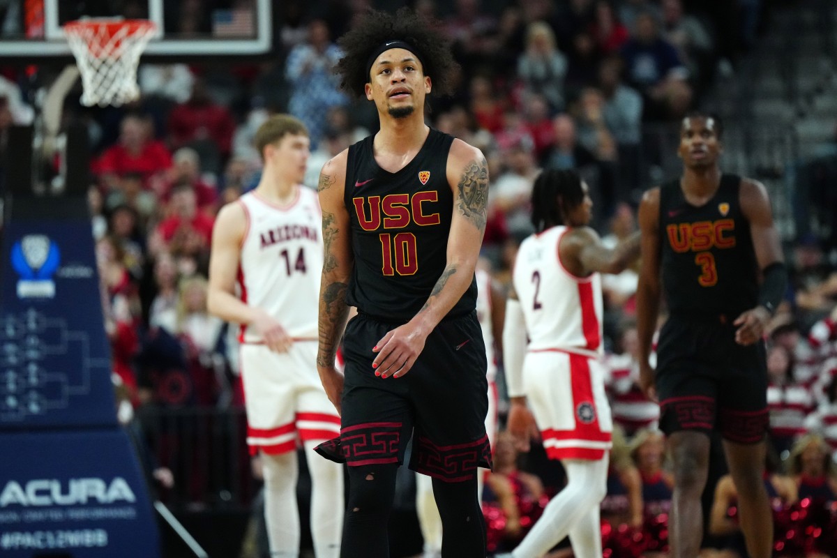 Mar 14, 2024; Las Vegas, NV, USA; Southern California Trojans forward DJ Rodman (10) reacts against the Arizona Wildcats in the first half at T-Mobile Arena.