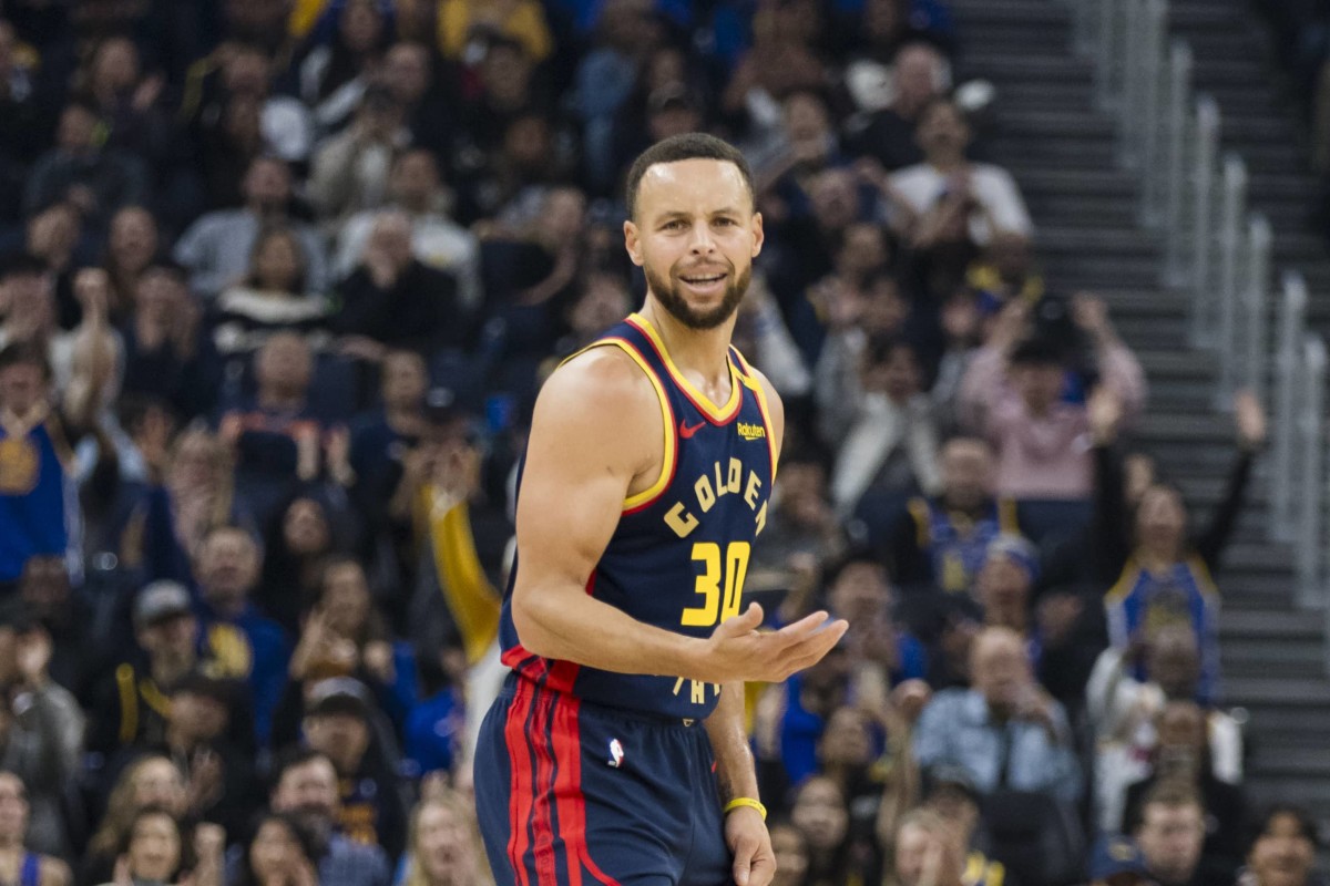 Nov 25, 2024; San Francisco, California, USA; Golden State Warriors guard Stephen Curry (30) reacts after hitting three-point shot against the Brooklyn Nets during the first half at Chase Center. Mandatory Credit: John Hefti-Imagn Images