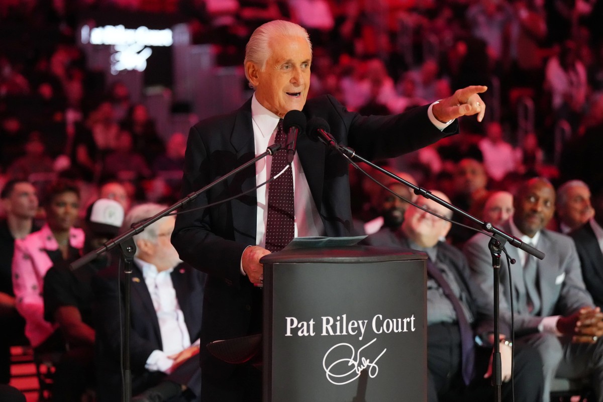 Oct 23, 2024; Miami, Florida, USA; Miami Heat president Pat Riley addresses the crowd during the Pat Riley Court dedication ceremony at halftime at Kaseya Center. Mandatory Credit: Jim Rassol-Imagn Images 