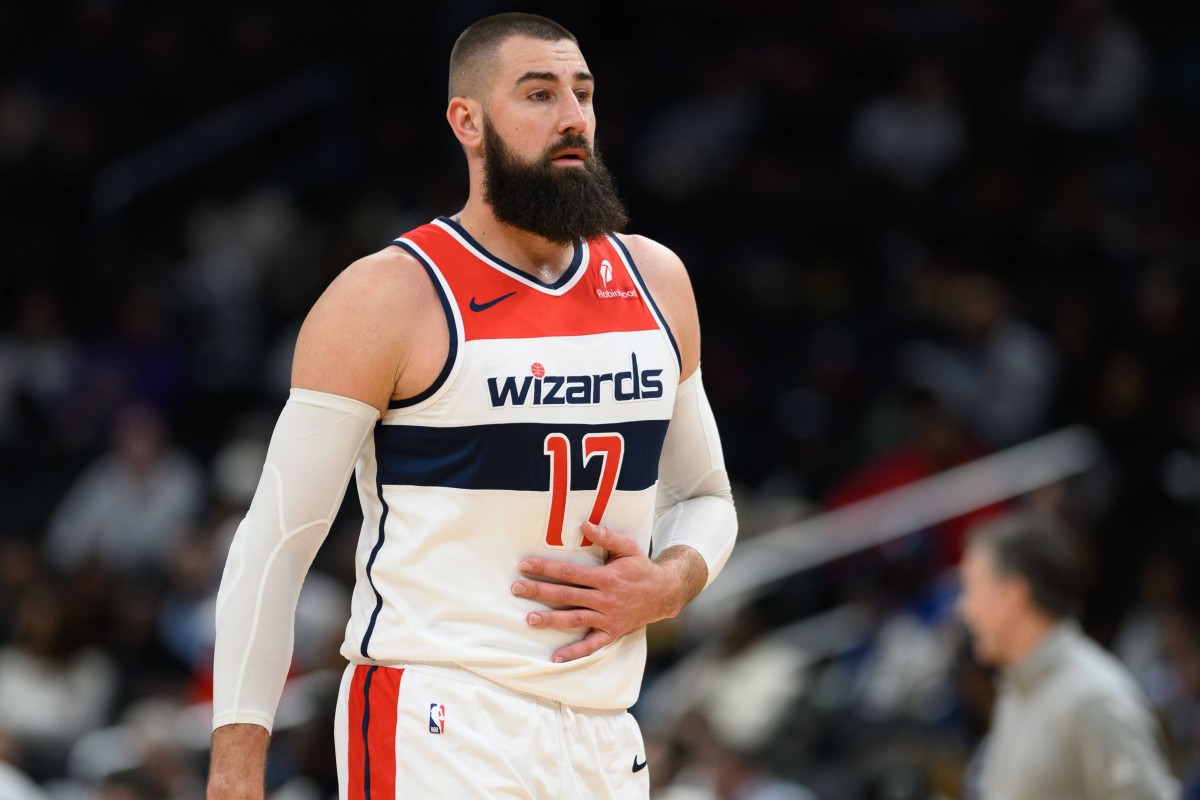 Nov 27, 2024; Washington, District of Columbia, USA; Washington Wizards center Jonas Valanciunas (17) prepares to shoot a free throw during the fourth quarter against the LA Clippers at Capital One Arena. Mandatory Credit: Reggie Hildred-Imagn Images