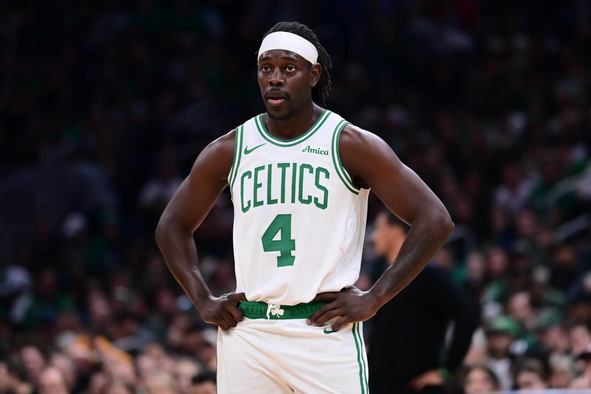 Boston, Massachusetts, USA; Boston Celtics guard Jrue Holiday (4) waits for game action to resume during the second half against the Minnesota Timberwolves at TD Garden