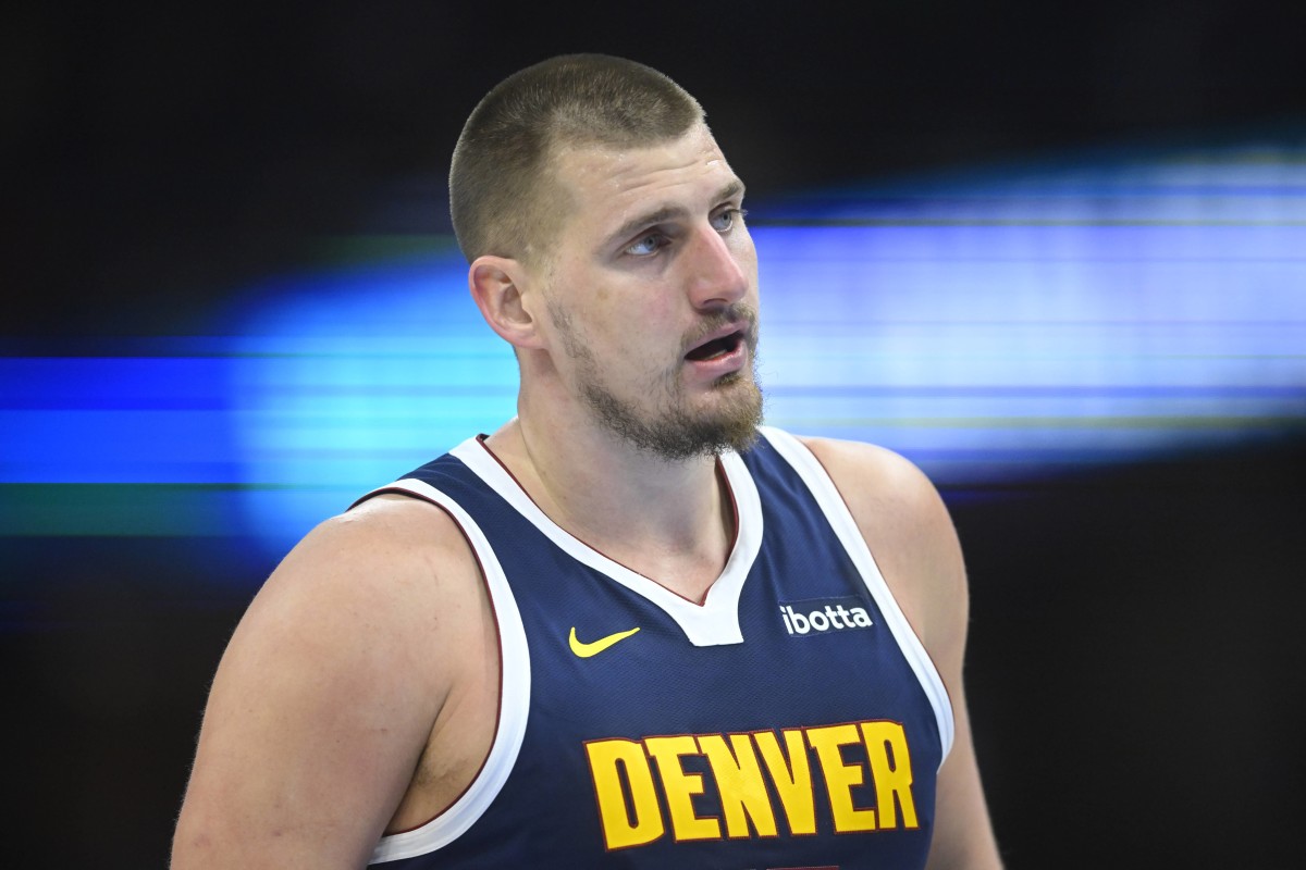 Denver Nuggets center Nikola Jokic (15) stands on the court in the second quarter against the Cleveland Cavaliers at Rocket Mortgage FieldHouse.